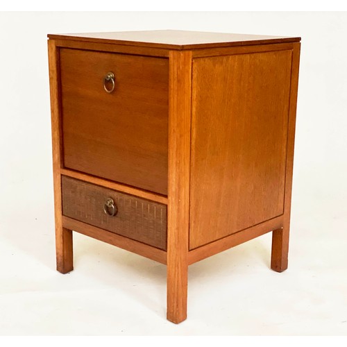 299 - BEDSIDE CHESTS, Loughborough for Heals, a pair, 1970's teak and brass inlaid each with deep drawer a... 