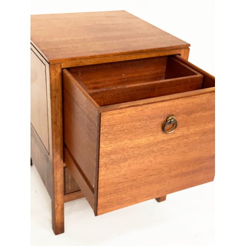 299 - BEDSIDE CHESTS, Loughborough for Heals, a pair, 1970's teak and brass inlaid each with deep drawer a... 