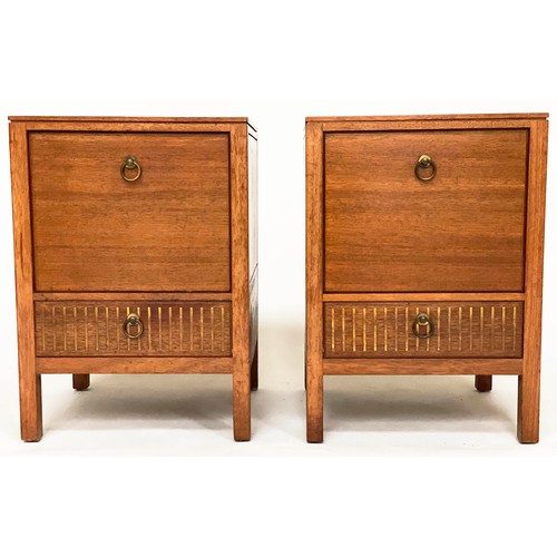 299 - BEDSIDE CHESTS, Loughborough for Heals, a pair, 1970's teak and brass inlaid each with deep drawer a... 