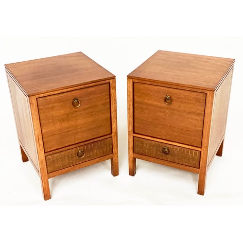 299 - BEDSIDE CHESTS, Loughborough for Heals, a pair, 1970's teak and brass inlaid each with deep drawer a... 