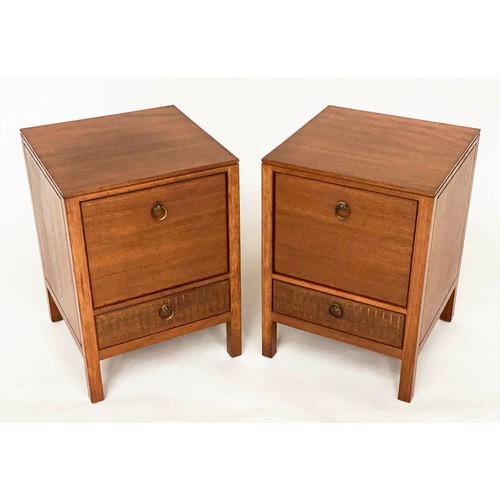 299 - BEDSIDE CHESTS, Loughborough for Heals, a pair, 1970's teak and brass inlaid each with deep drawer a... 