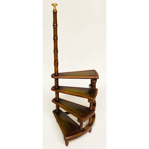 145 - LIBRARY STEPS, a set, Georgian style fruitwood with four gilt tooled leather trimmed spiral steps wi... 