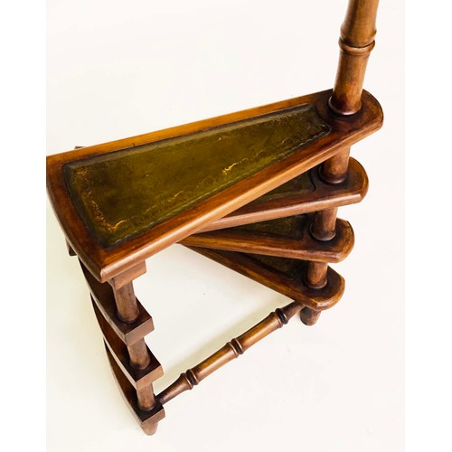 145 - LIBRARY STEPS, a set, Georgian style fruitwood with four gilt tooled leather trimmed spiral steps wi... 