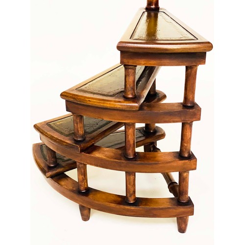 145 - LIBRARY STEPS, a set, Georgian style fruitwood with four gilt tooled leather trimmed spiral steps wi... 