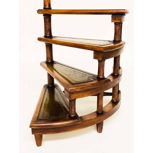 145 - LIBRARY STEPS, a set, Georgian style fruitwood with four gilt tooled leather trimmed spiral steps wi... 