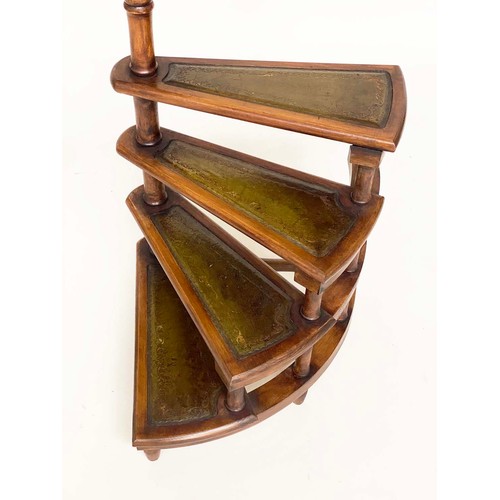 145 - LIBRARY STEPS, a set, Georgian style fruitwood with four gilt tooled leather trimmed spiral steps wi... 