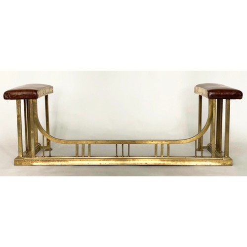 141 - CLUB FENDER, Edwardian brown leather upholstered pads on shaped brass rail, 47cm H x 143cm W x 49cm ... 