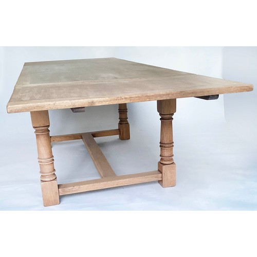 138 - DRAWLEAF REFECTORY TABLE, English refectory style oak extending with two leaves with turned pillar s... 