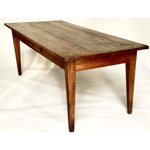 140 - FARMHOUSE TABLE, 19th century French oak with planked and cleated top, frieze drawer and square tape... 