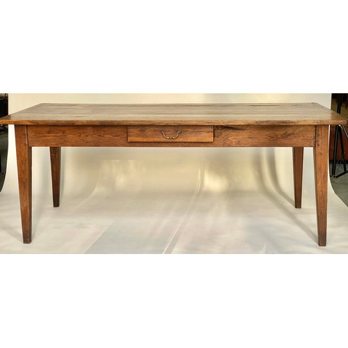 140 - FARMHOUSE TABLE, 19th century French oak with planked and cleated top, frieze drawer and square tape... 