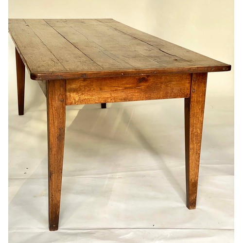 140 - FARMHOUSE TABLE, 19th century French oak with planked and cleated top, frieze drawer and square tape... 