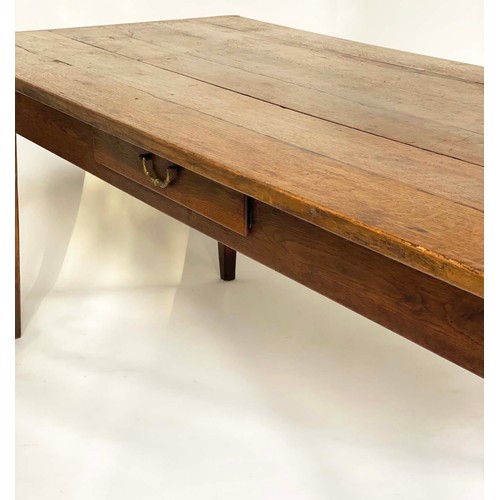 140 - FARMHOUSE TABLE, 19th century French oak with planked and cleated top, frieze drawer and square tape... 