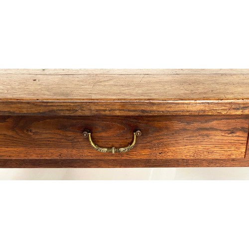 140 - FARMHOUSE TABLE, 19th century French oak with planked and cleated top, frieze drawer and square tape... 