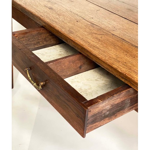 140 - FARMHOUSE TABLE, 19th century French oak with planked and cleated top, frieze drawer and square tape... 