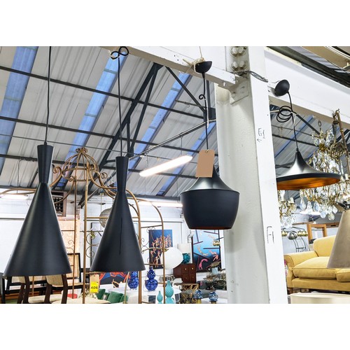 308 - PENDANT LIGHTS, a collection of five, various shapes and sizes, each black painted with gilt interio... 