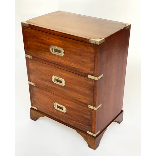 122 - BEDSIDE CHESTS, a pair, campaign style mahogany and brass bound each with three drawers, 47cm x 61cm... 