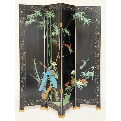 128 - ORIENTAL SCREEN, gilt and lacquered, four fold, depicting birds amongst blossom.