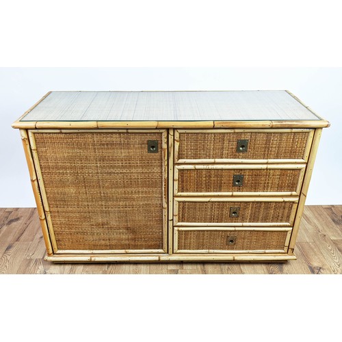 375 - SIDEBOARD, 123cm x 46.5cm x 76cm, 1970's Italian style bamboo and rattan with four drawers next to d... 