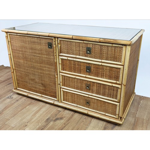 375 - SIDEBOARD, 123cm x 46.5cm x 76cm, 1970's Italian style bamboo and rattan with four drawers next to d... 