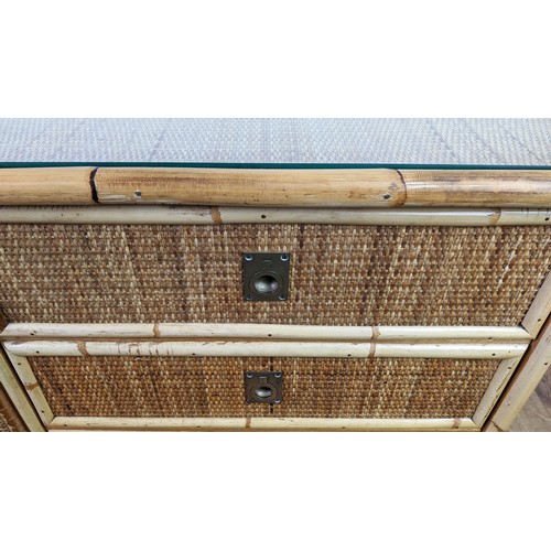 375 - SIDEBOARD, 123cm x 46.5cm x 76cm, 1970's Italian style bamboo and rattan with four drawers next to d... 