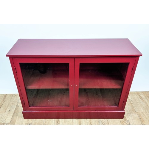 377 - CABINETS, a pair, 103.5cm x 35cm x 74cm, red painted, each with two glazed doors, shelf in each. (2)