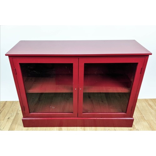 377 - CABINETS, a pair, 103.5cm x 35cm x 74cm, red painted, each with two glazed doors, shelf in each. (2)