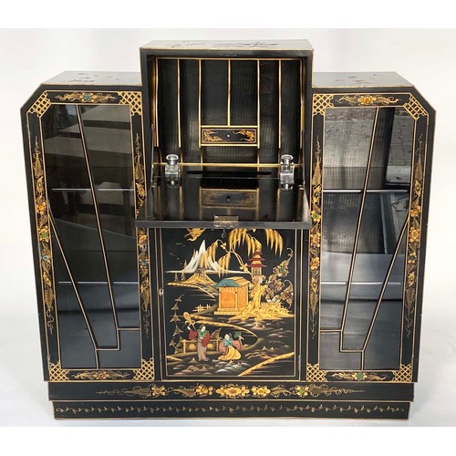 118 - ART DECO CHINOISERIE DISPLAY CABINET, 1920s lacquered and gilt decorated with fold-down fitted writi... 