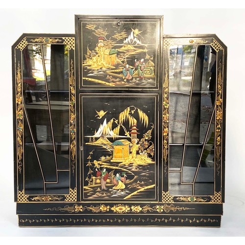 118 - ART DECO CHINOISERIE DISPLAY CABINET, 1920s lacquered and gilt decorated with fold-down fitted writi... 