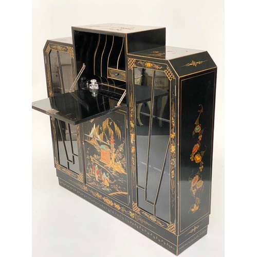 118 - ART DECO CHINOISERIE DISPLAY CABINET, 1920s lacquered and gilt decorated with fold-down fitted writi... 