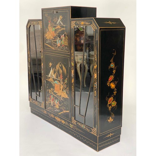 118 - ART DECO CHINOISERIE DISPLAY CABINET, 1920s lacquered and gilt decorated with fold-down fitted writi... 