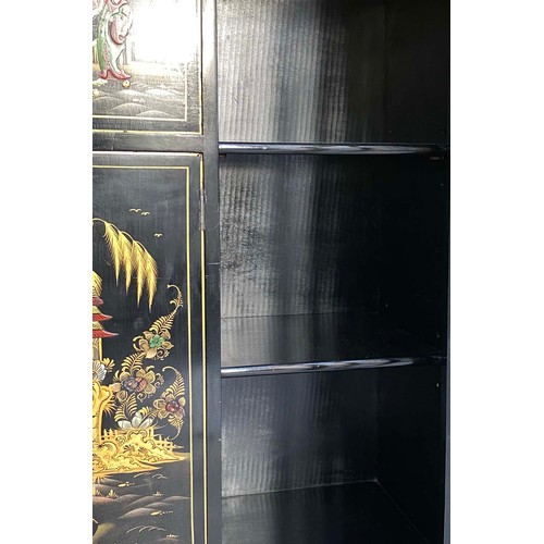 118 - ART DECO CHINOISERIE DISPLAY CABINET, 1920s lacquered and gilt decorated with fold-down fitted writi... 