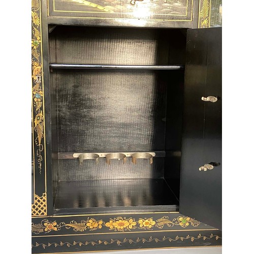 118 - ART DECO CHINOISERIE DISPLAY CABINET, 1920s lacquered and gilt decorated with fold-down fitted writi... 