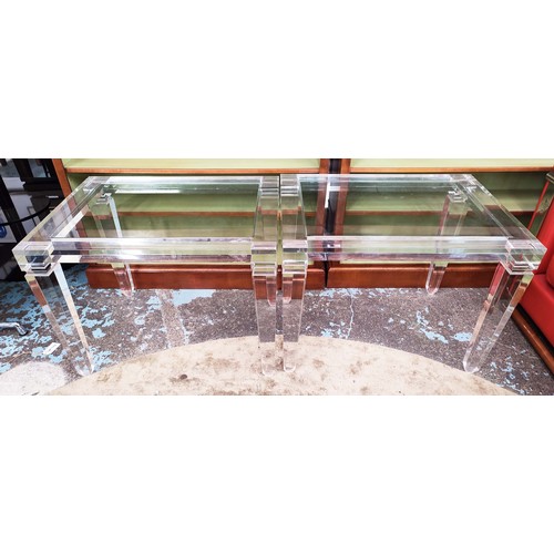 442 - SIDE TABLES, a pair, perspex with glass tops, 80cm x 60cm x 59.5cm. (2)