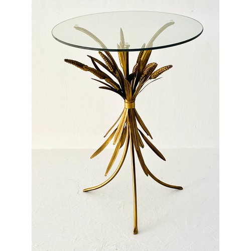 331 - MAISON JANSEN STYLE SIDE TABLE, 67cm high, 47cm diameter, wheat sheaf design, gilt metal, glass top.