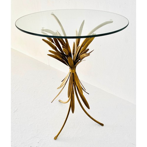 331 - MAISON JANSEN STYLE SIDE TABLE, 67cm high, 47cm diameter, wheat sheaf design, gilt metal, glass top.