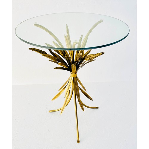 331 - MAISON JANSEN STYLE SIDE TABLE, 67cm high, 47cm diameter, wheat sheaf design, gilt metal, glass top.