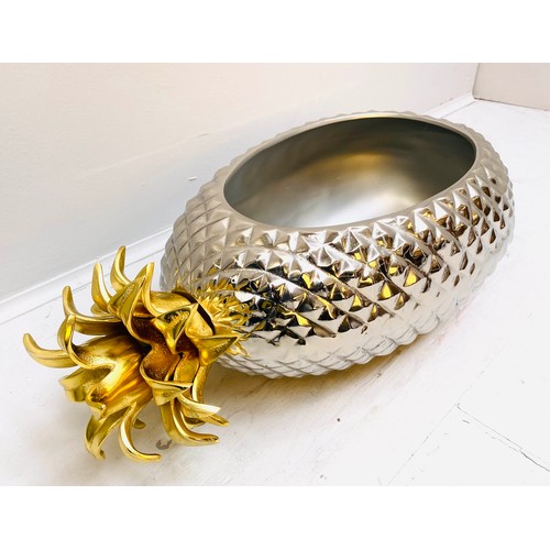 357 - PINEAPPLE WINE COOLER, largest measuring 20cm high, 56cm wide, 30cm deep, polished metal with gilt d... 