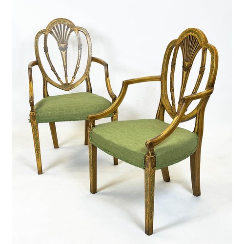 255 - ARMCHAIRS, 92cm H x 55cm, a pair, Sheraton style painted with green stuffover seats. (2)