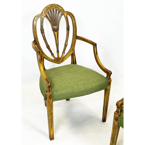 255 - ARMCHAIRS, 92cm H x 55cm, a pair, Sheraton style painted with green stuffover seats. (2)