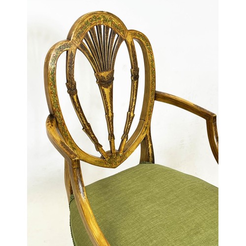 255 - ARMCHAIRS, 92cm H x 55cm, a pair, Sheraton style painted with green stuffover seats. (2)