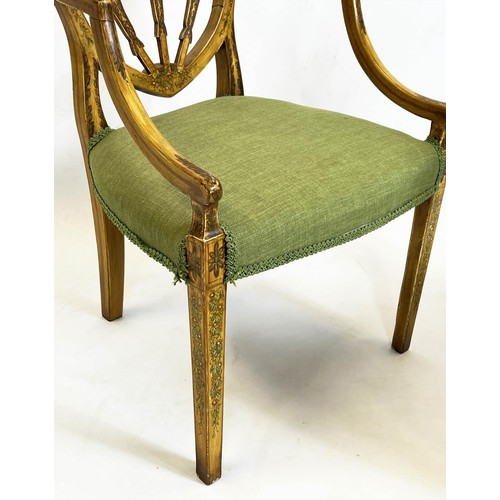 255 - ARMCHAIRS, 92cm H x 55cm, a pair, Sheraton style painted with green stuffover seats. (2)