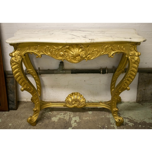 263 - SERPENTINE CONSOLE TABLE, 98cm H x 135cm W x 57cm D, Louis XV style giltwood with marble top.