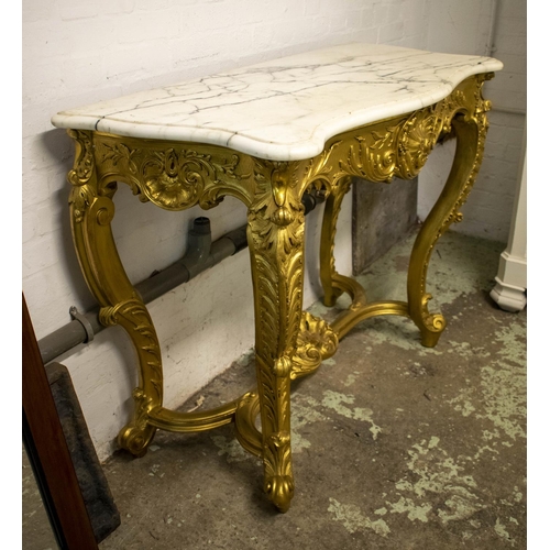 263 - SERPENTINE CONSOLE TABLE, 98cm H x 135cm W x 57cm D, Louis XV style giltwood with marble top.