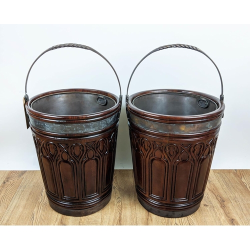 24 - PEAT BUCKETS, a pair, reproduction gothic style design, metal lined, 75cm H at tallest including han... 