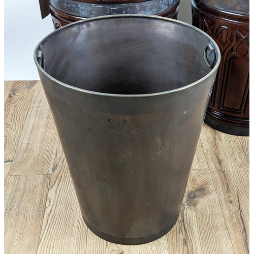 24 - PEAT BUCKETS, a pair, reproduction gothic style design, metal lined, 75cm H at tallest including han... 