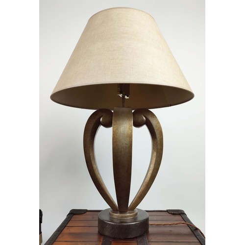 404 - TABLE LAMPS, a pair, of large proportions each 82cm H overall including shades, in an antiqued metal... 