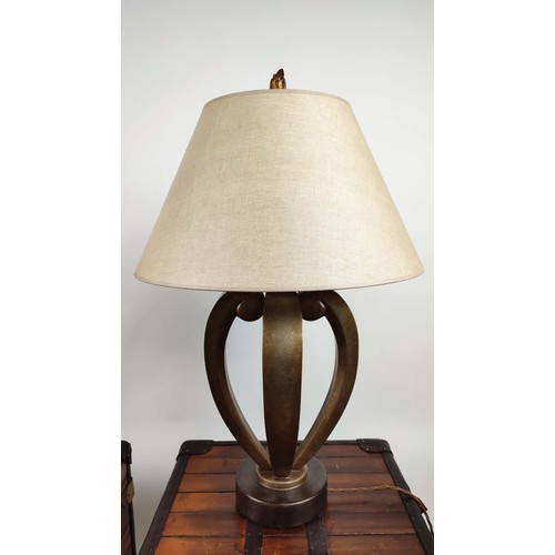 404 - TABLE LAMPS, a pair, of large proportions each 82cm H overall including shades, in an antiqued metal... 