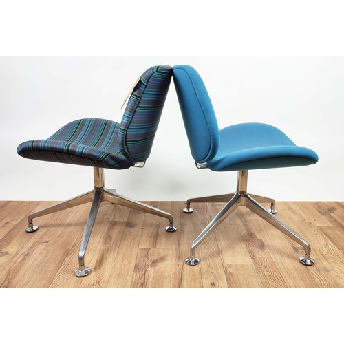 401 - SWIVEL CHAIRS, two pairs, one pair striped, the other blue, both measuring 80cm high, 60cm wide, 55c... 