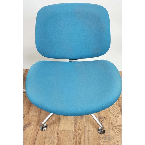 401 - SWIVEL CHAIRS, two pairs, one pair striped, the other blue, both measuring 80cm high, 60cm wide, 55c... 