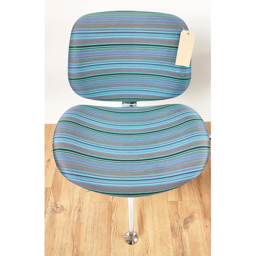 401 - SWIVEL CHAIRS, two pairs, one pair striped, the other blue, both measuring 80cm high, 60cm wide, 55c... 